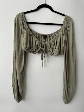g Crinkle Tie Front Long Sleeve Peasant Crop Top Boho Earthy Renaissance Size L
